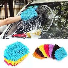 Colorful car wash mitts and cleaning gloves