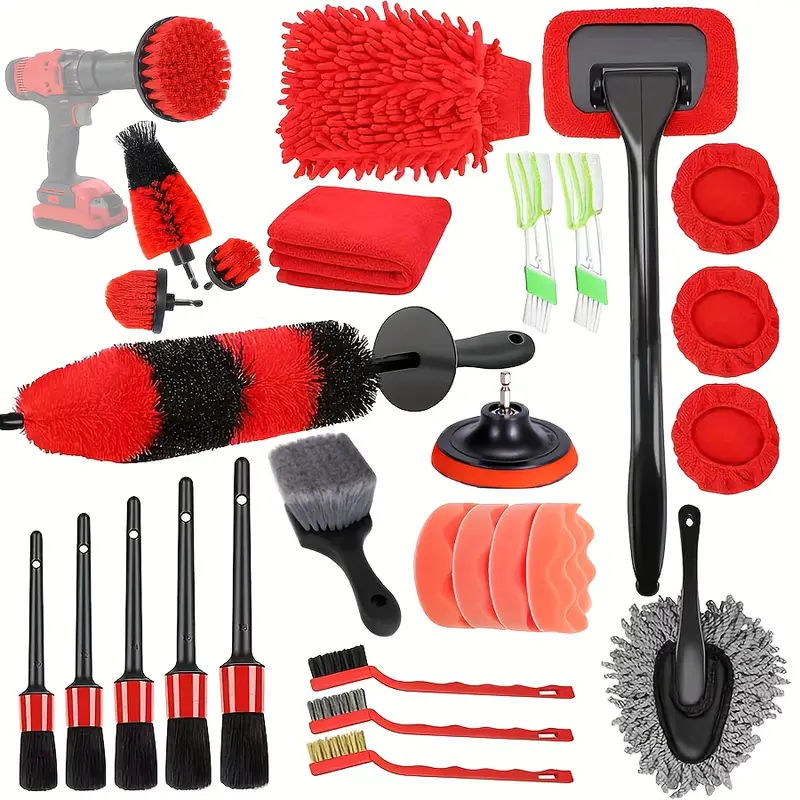 Red professional car detailing tools collection